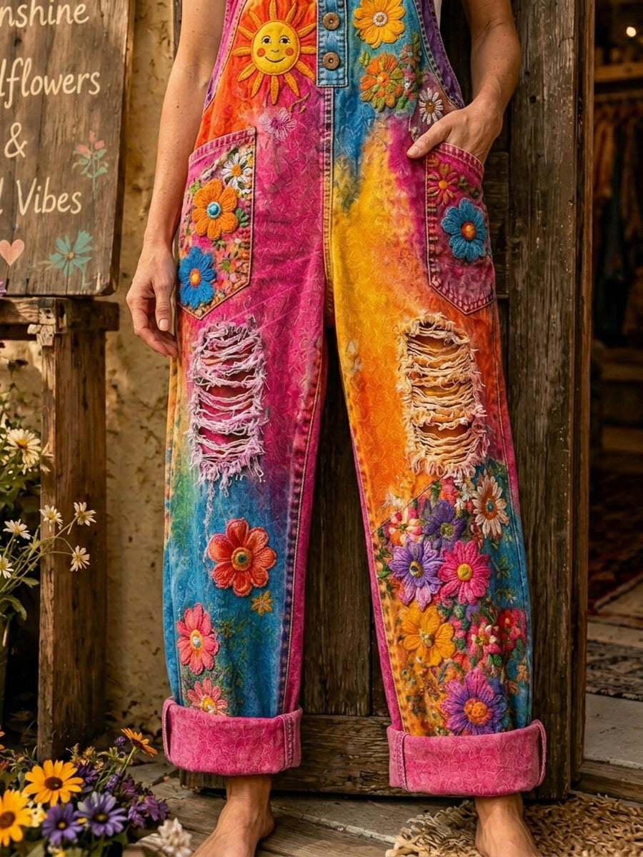 Women's Retro Art Print Denim Patchwork Jumpsuit