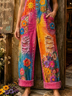 Women's Retro Art Print Denim Patchwork Jumpsuit