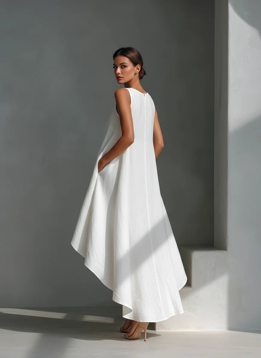 White Linen Asymmetric Dress
