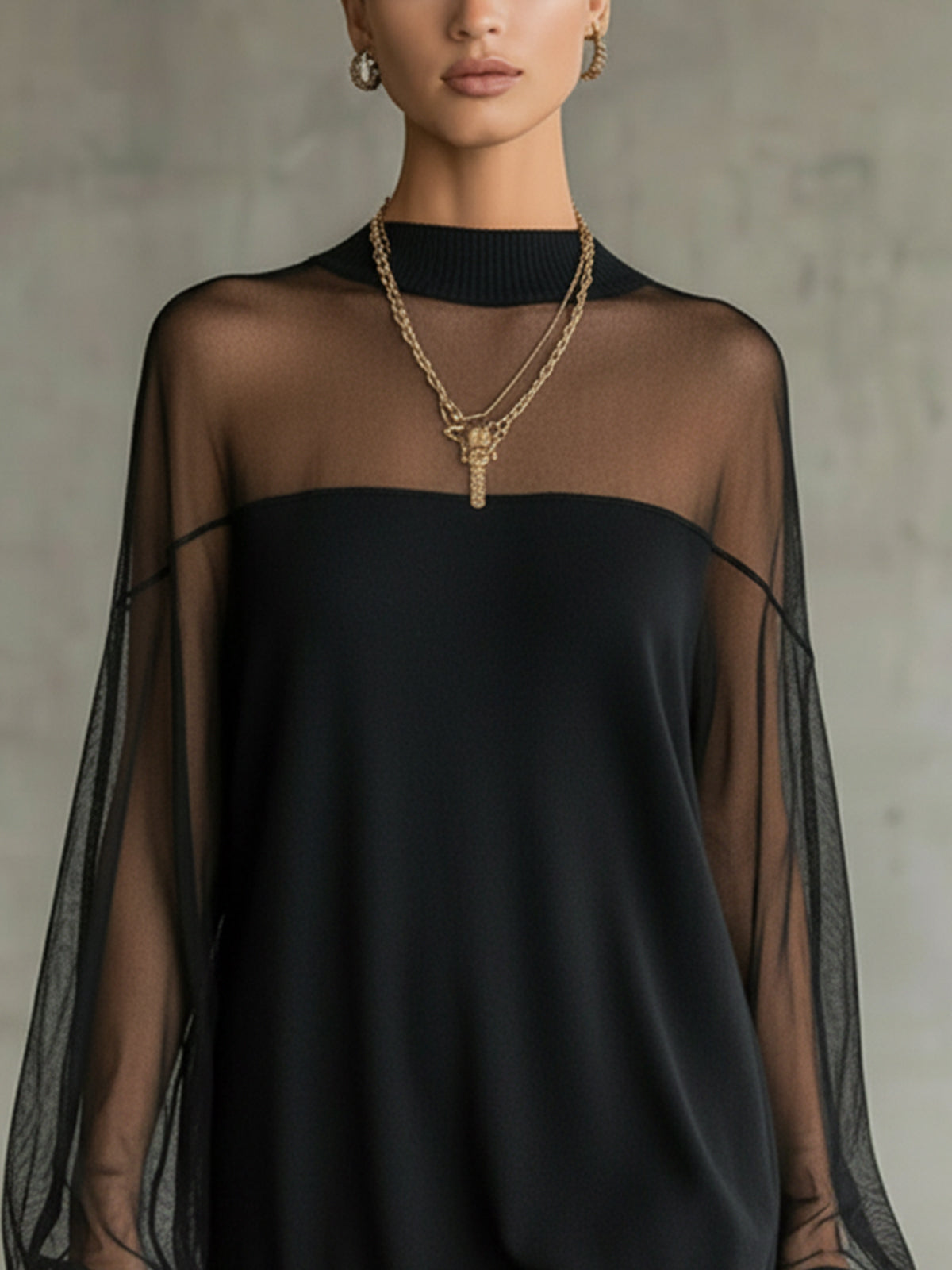Black Sheer Mesh Sleeve High‐Neck Mini Dress