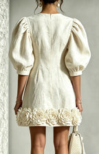 White 3D Floral Puff-Sleeve Cotton-Linen Mini Dress