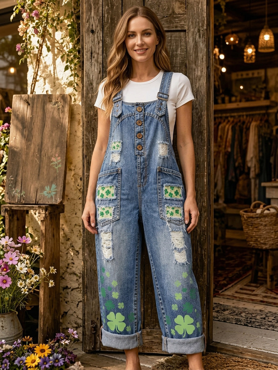 Women's Retro Style Art Print Washed Cotton Denim Patchwork Jumpsuit