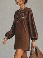 Brown Satin Splice Faux Suede Gold Studded Mini Dress