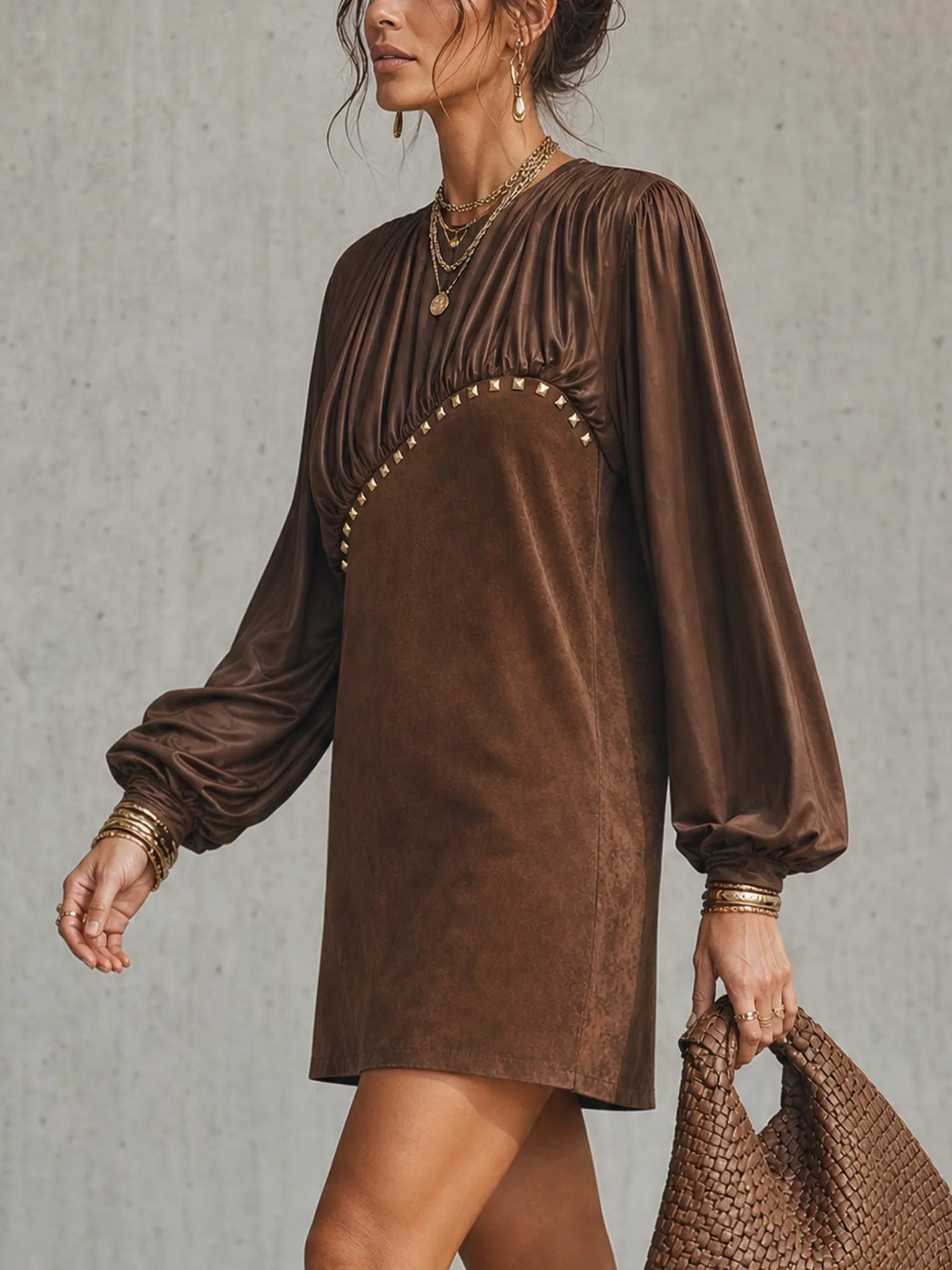 Brown Satin Splice Faux Suede Gold Studded Mini Dress