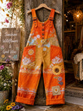 Women's Retro Style Art Print Washed Cotton Denim Patchwork Jumpsuit