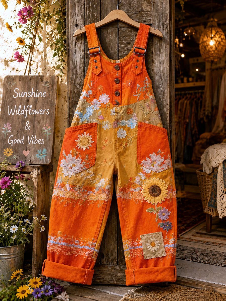 Women's Retro Style Art Print Washed Cotton Denim Patchwork Jumpsuit
