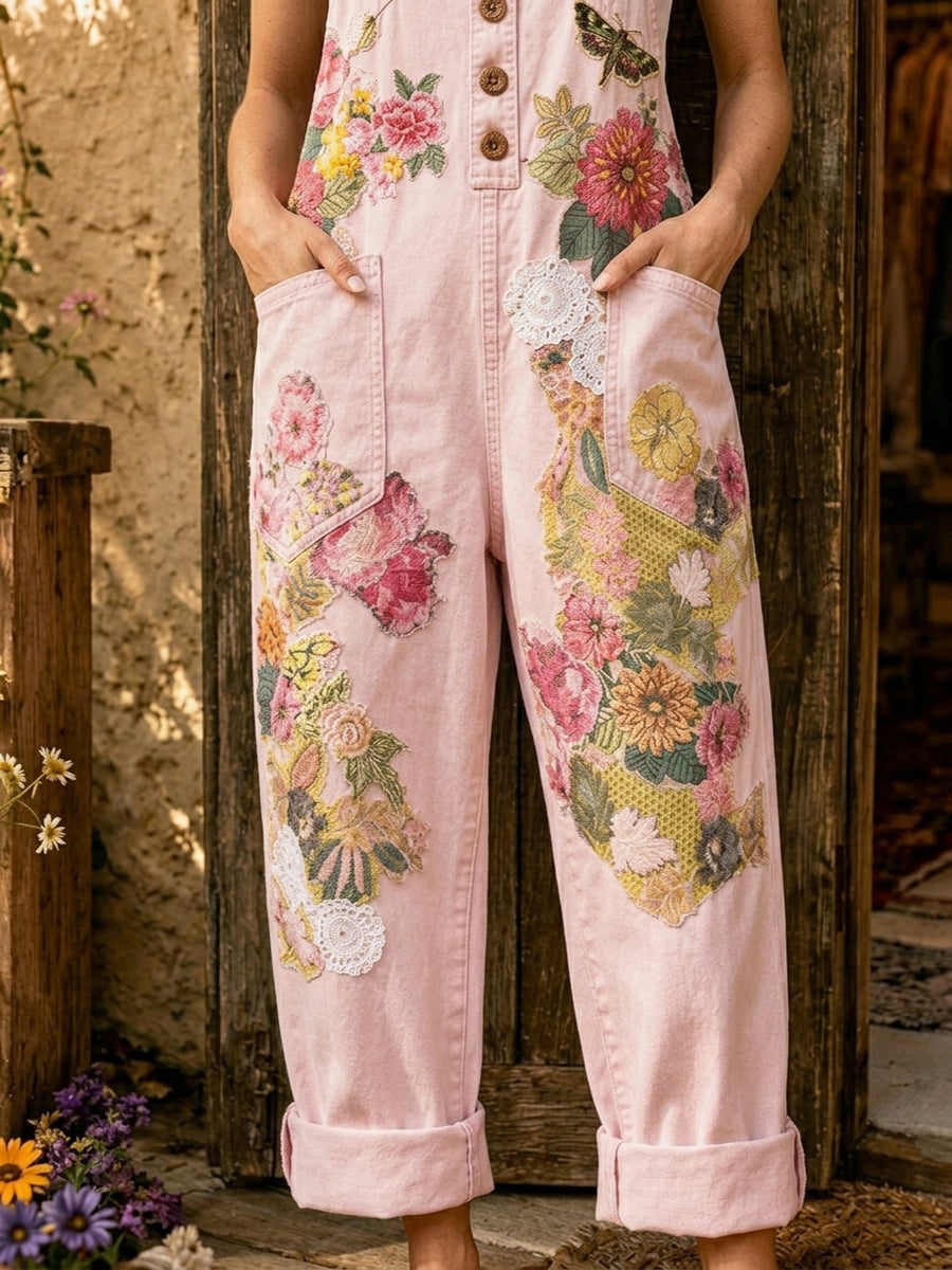 Women's Retro Style Art Print Washed Cotton Denim Patchwork Jumpsuit