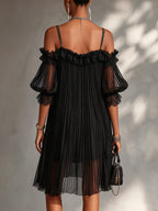 Black Off-Shoulder Chiffon Mini Dress with Lace Trim