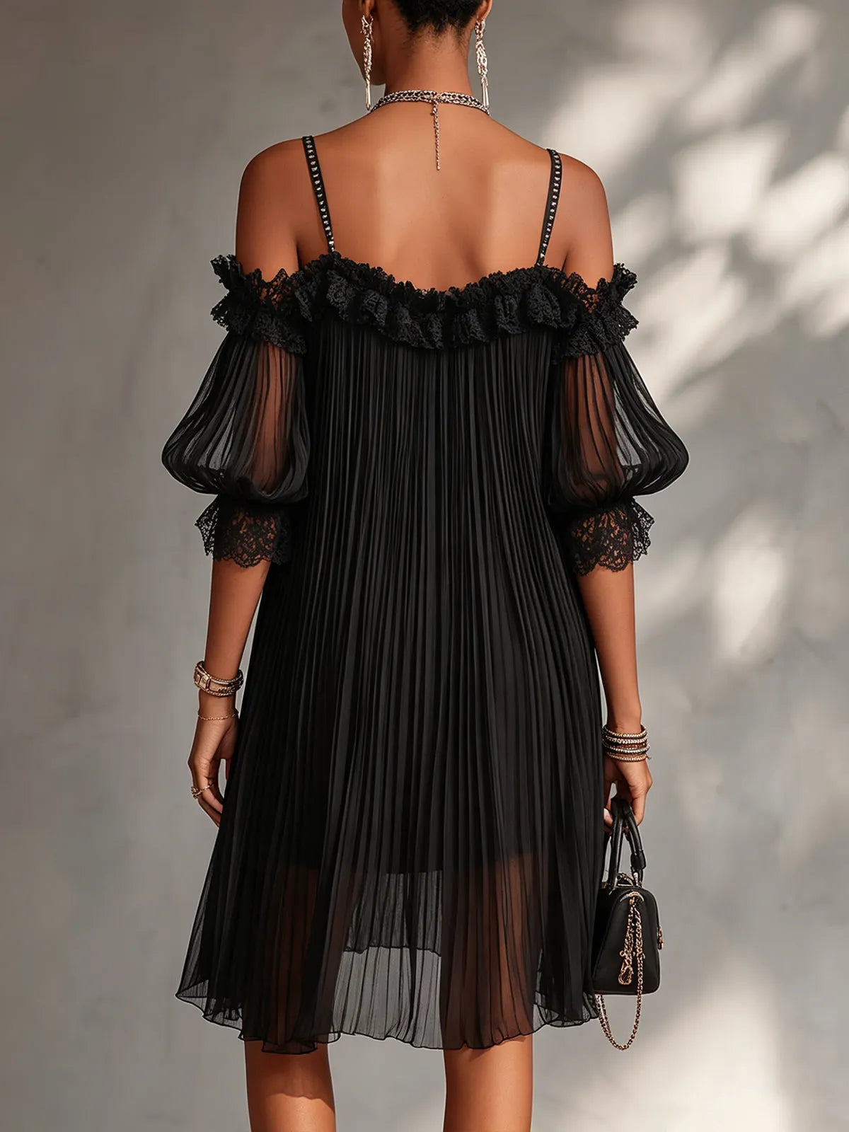Black Off-Shoulder Chiffon Mini Dress with Lace Trim