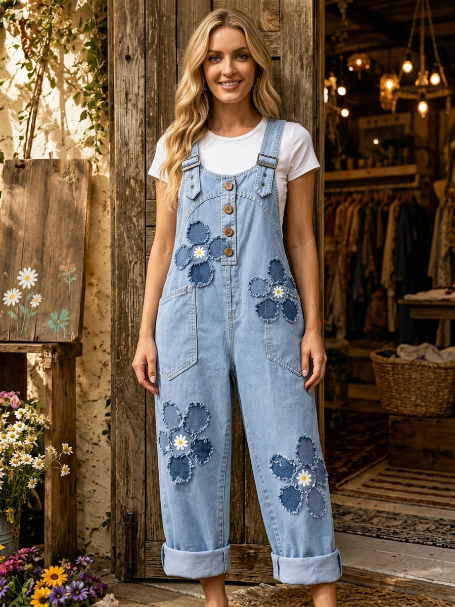 Women's Retro Style Art Print Washed Cotton Denim Patchwork Jumpsuit