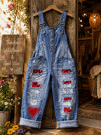 Women's Retro Style Art Print Washed Cotton Denim Patchwork Jumpsuit