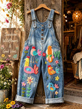 Women's Retro Style Art Print Washed Cotton Denim Patchwork Jumpsuit