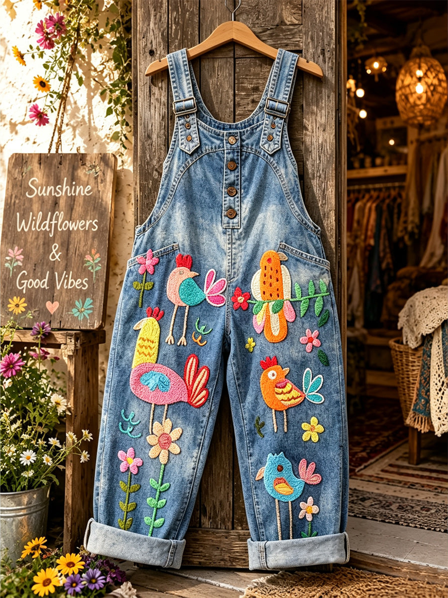 Women's Retro Style Art Print Washed Cotton Denim Patchwork Jumpsuit