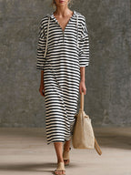 Striped Half-Zip Hooded Midi Dress