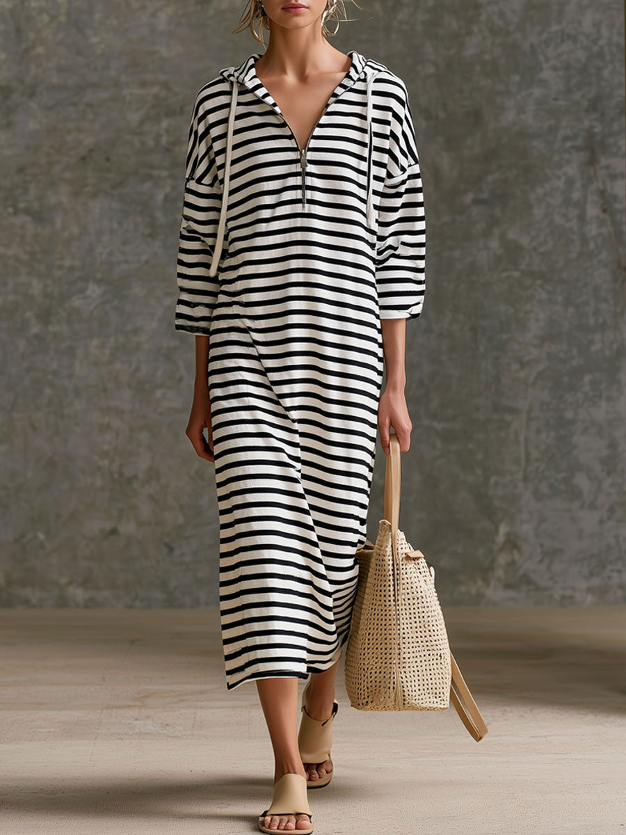 Striped Half-Zip Hooded Midi Dress