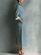Blue And White Cotton Blend Striped Shirt Dress With Red Chest Pocket