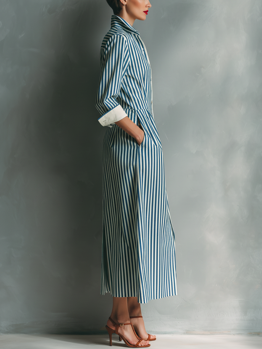Blue And White Cotton Blend Striped Shirt Dress With Red Chest Pocket
