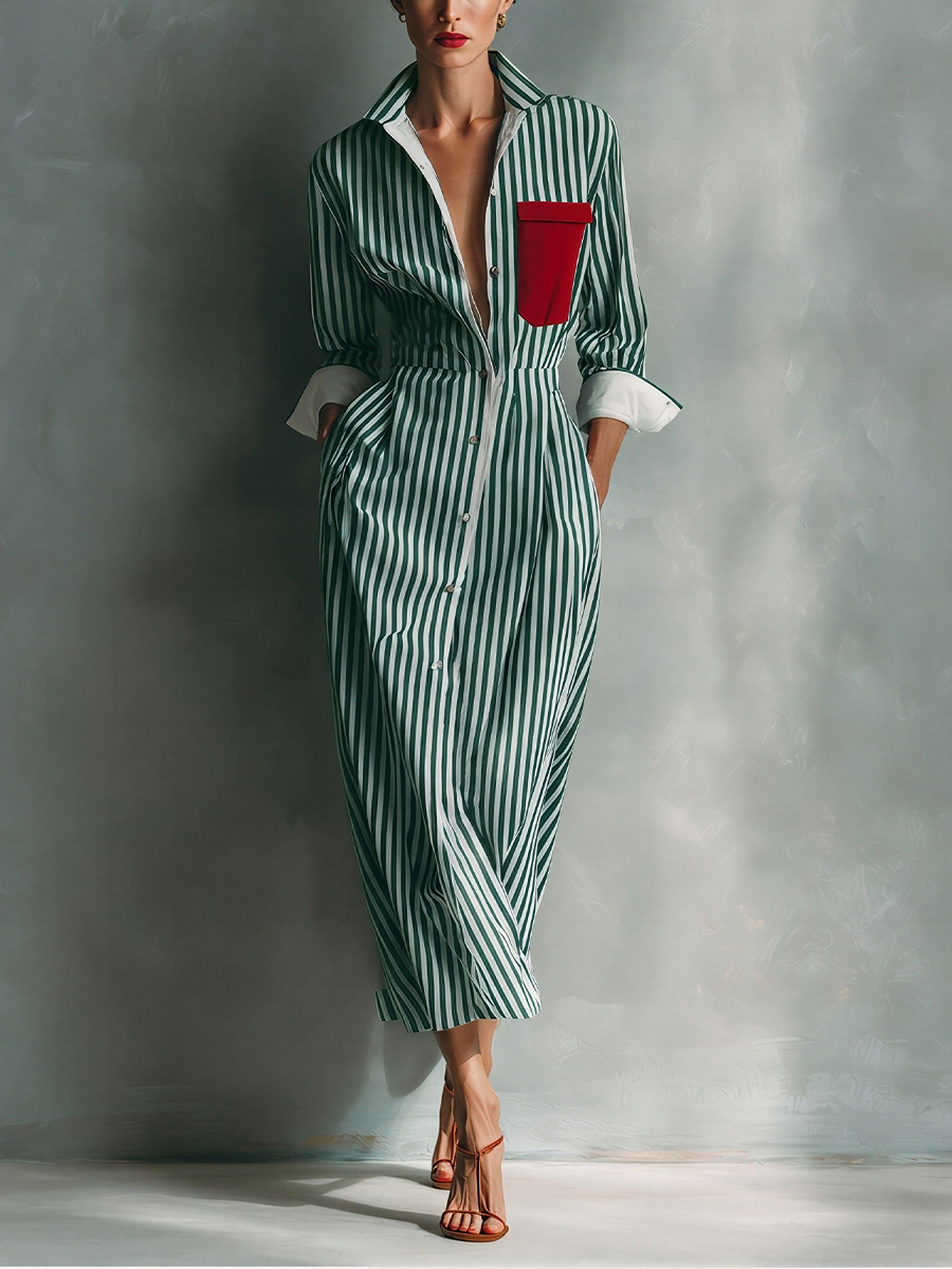 Blue And White Cotton Blend Striped Shirt Dress With Red Chest Pocket