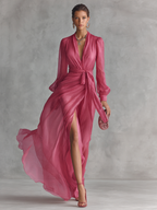 Elegant Pearl Chiffon V-Neck Maxi Dress