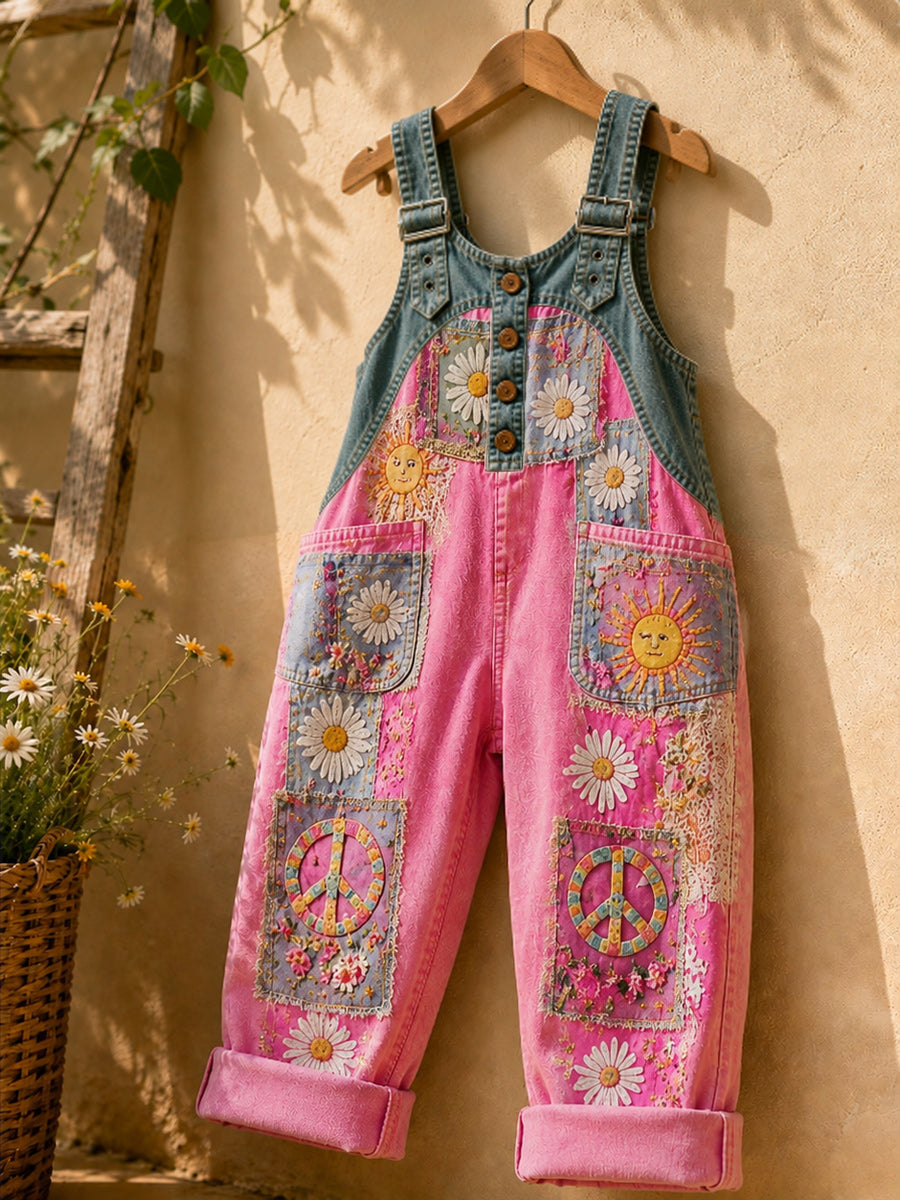Women's Retro Style Art Print Washed Cotton Denim Patchwork Jumpsuit
