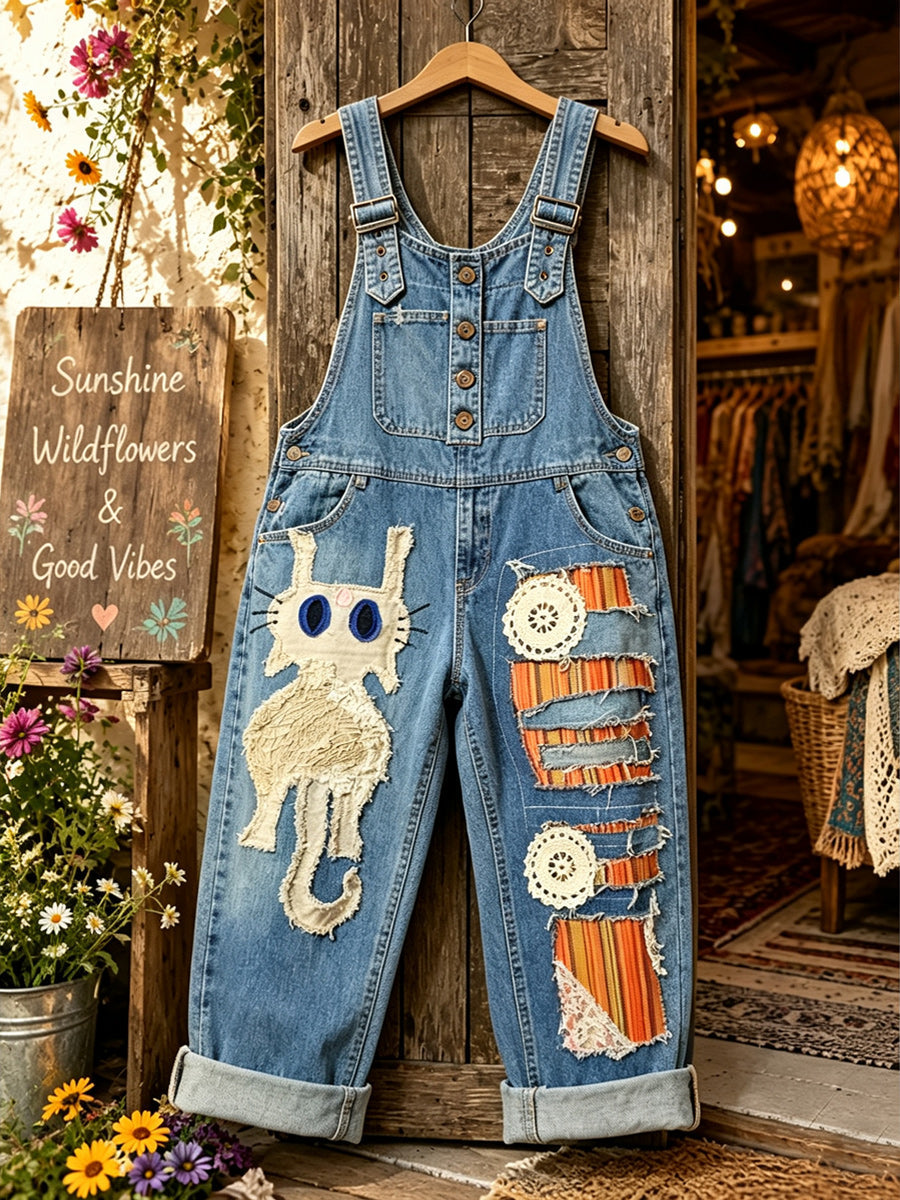 Women's Retro Style Art Print Washed Cotton Denim Patchwork Jumpsuit