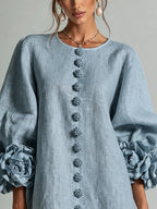 Dusty Blue Floral Button-down Mini Dress With Striking Floral Cuffs