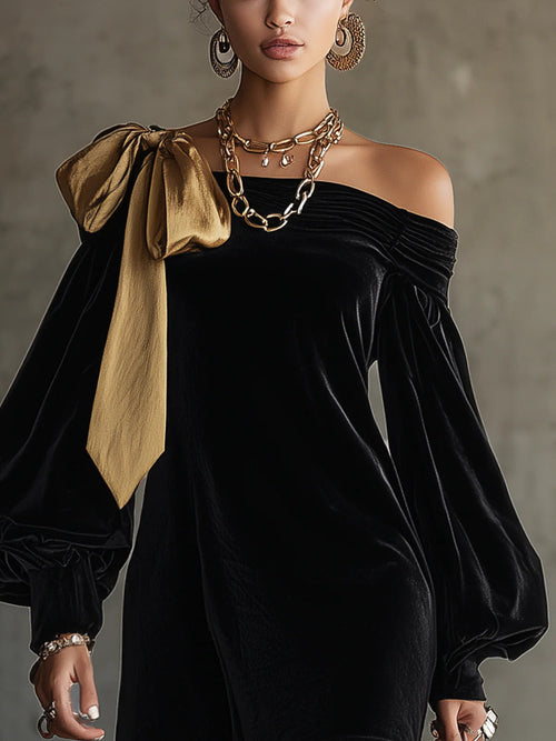 Black Velvet And Gold Satin Patchwork Off The Shoulder Mini Dress