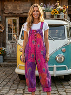 Women's Retro Style Art Print Washed Cotton Denim Patchwork Jumpsuit