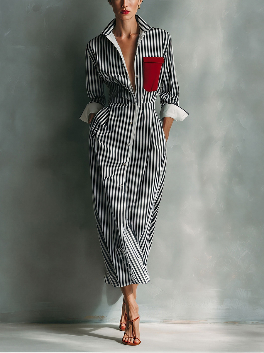 Blue And White Cotton Blend Striped Shirt Dress With Red Chest Pocket