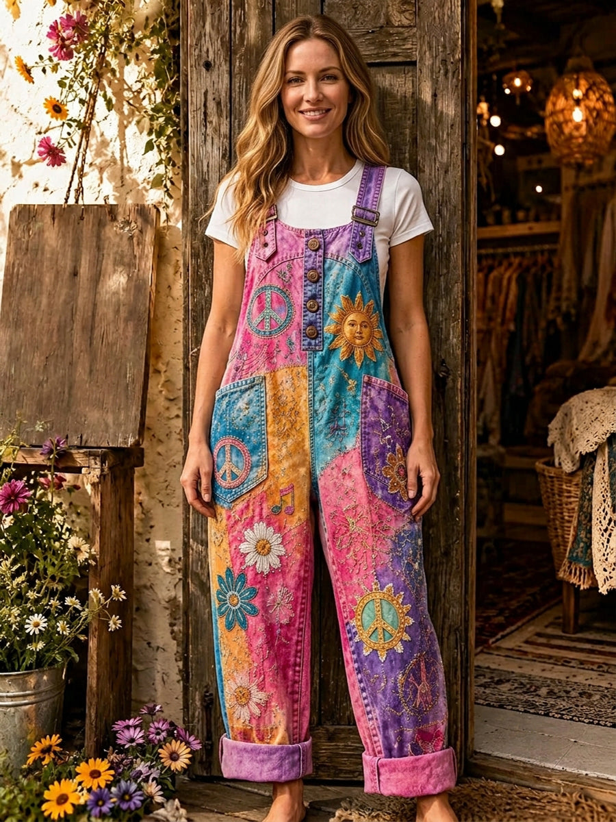 Women's Retro Style Art Print Washed Cotton Denim Patchwork Jumpsuit