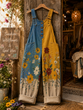 Women's Retro Style Art Print Washed Cotton Denim Patchwork Jumpsuit