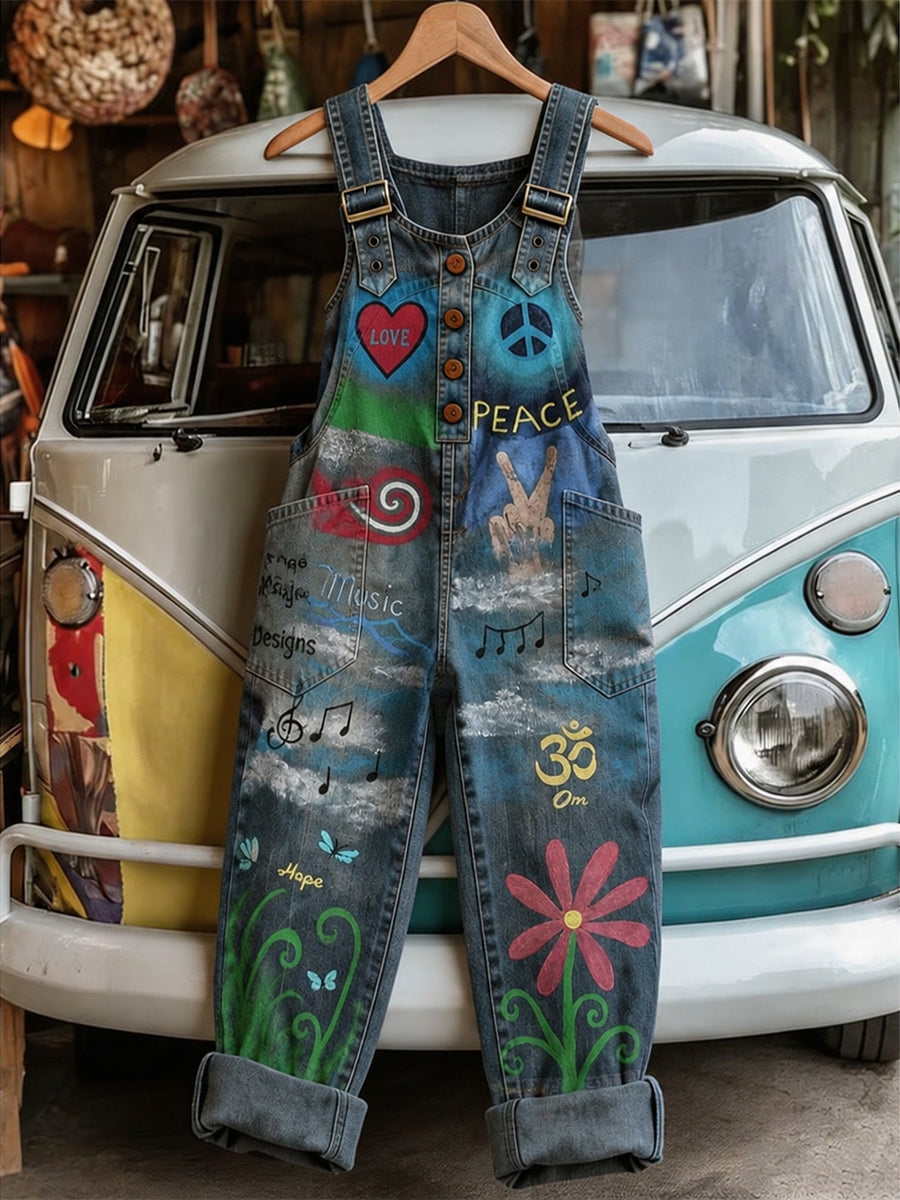Women's Retro Style Art Print Washed Cotton Denim Patchwork Jumpsuit