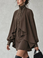 Chocolate high-neck mini dress with cape-style paneling