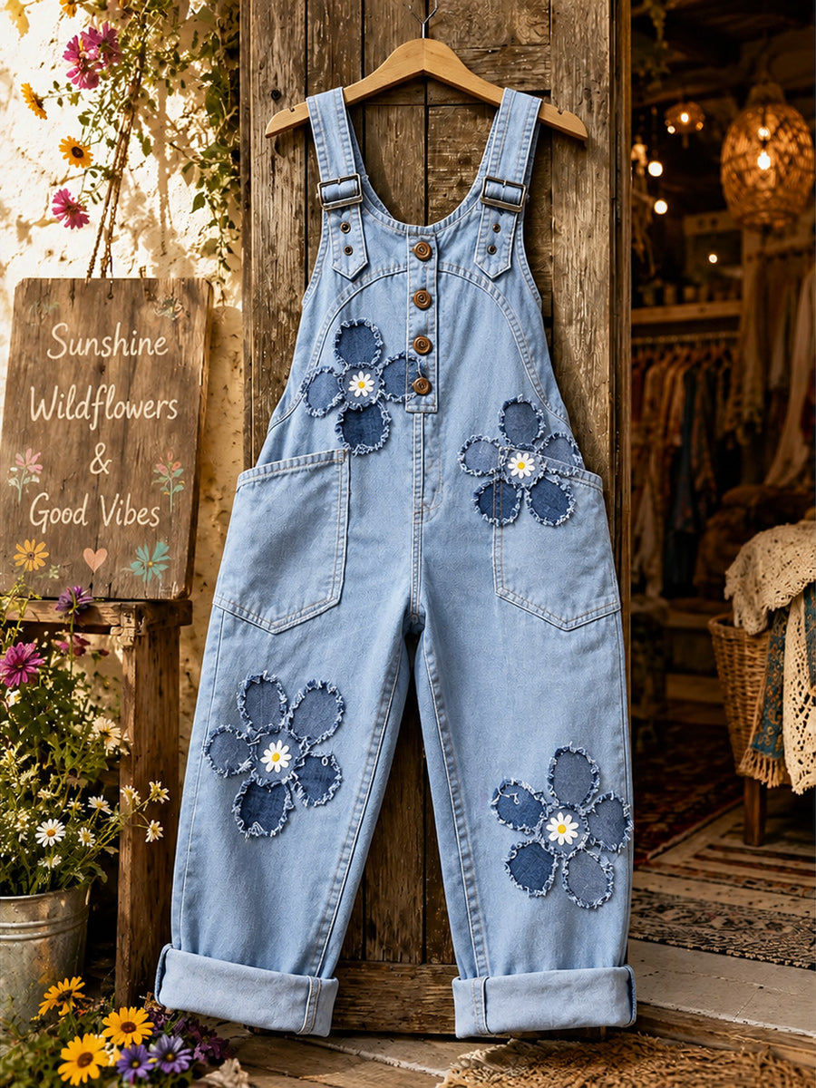 Women's Retro Style Art Print Washed Cotton Denim Patchwork Jumpsuit