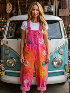 Women's Retro Style Art Print Washed Cotton Denim Patchwork Jumpsuit