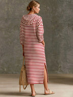 Striped Half-Zip Hooded Midi Dress