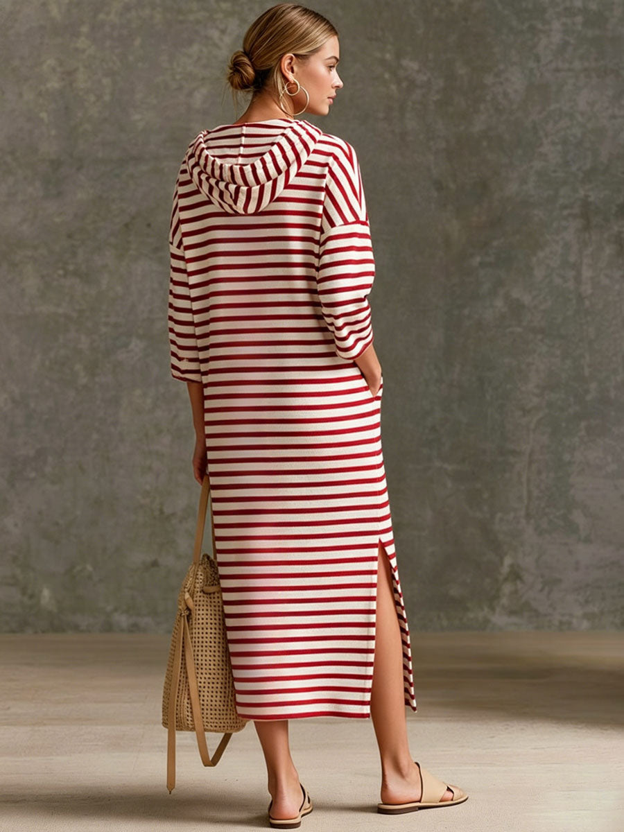 Striped Half-Zip Hooded Midi Dress