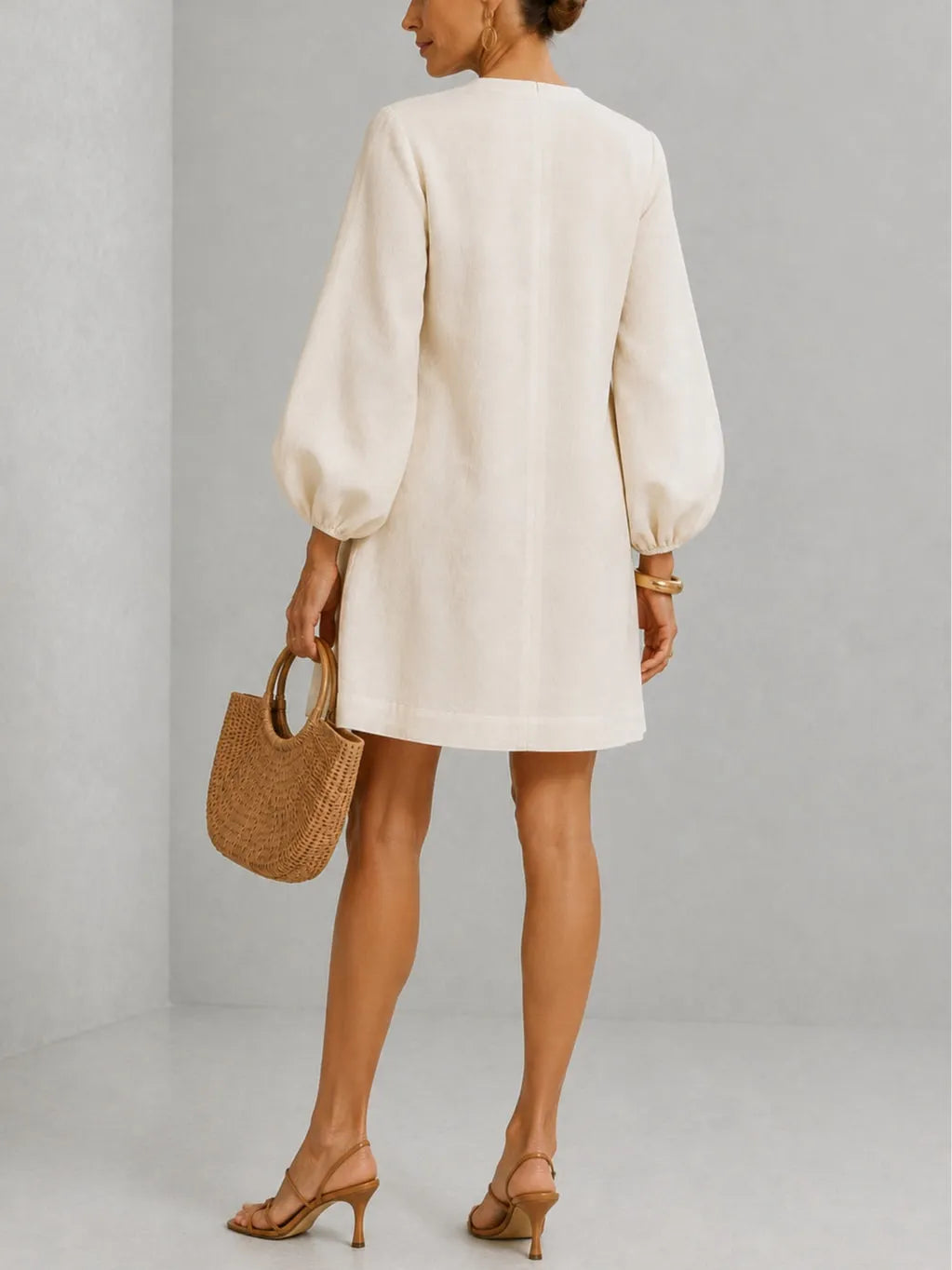White V-neck Lantern-sleeve Mini Dress Featuring Striking Floral