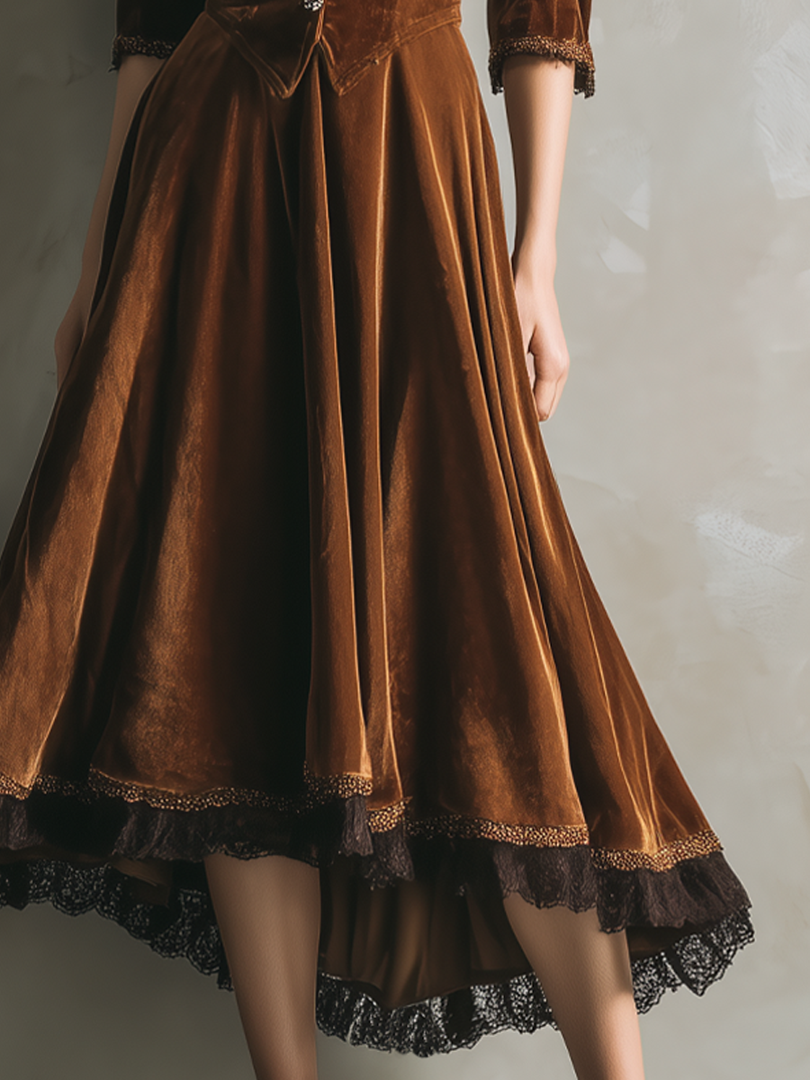 Vintage Three-Quarter Sleeves Lace Velvet Midi Dress