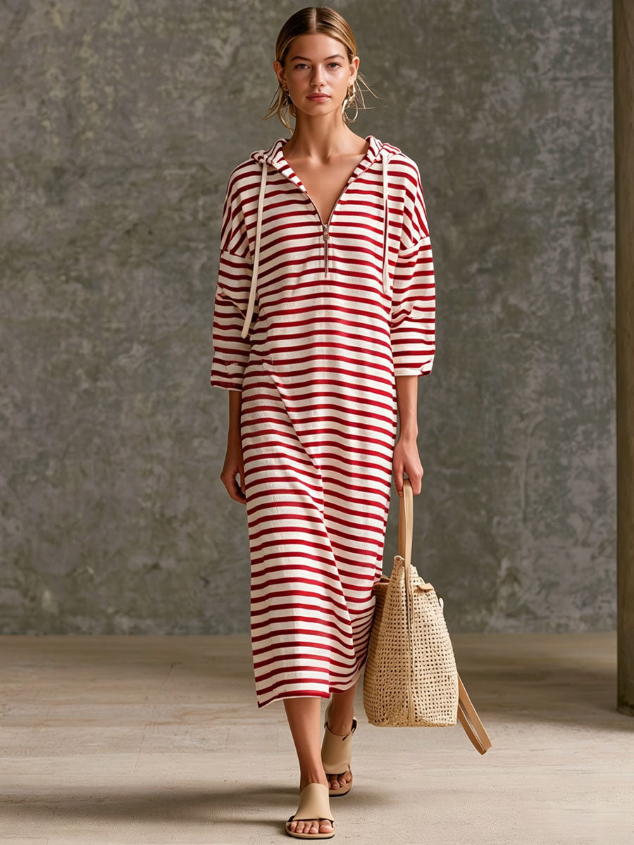 Striped Half-Zip Hooded Midi Dress