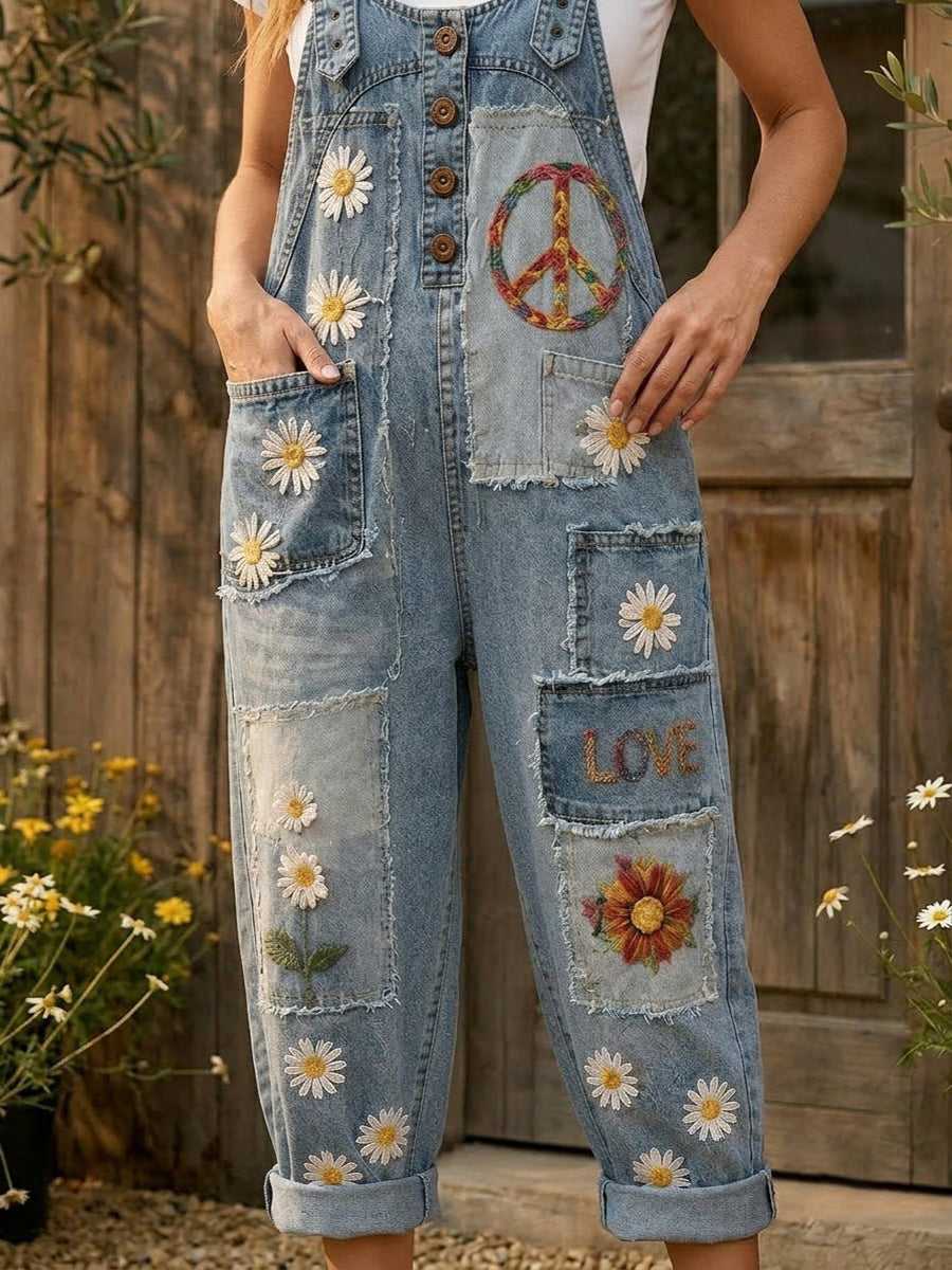 Women's Retro Style Art Print Washed Cotton Denim Patchwork Jumpsuit