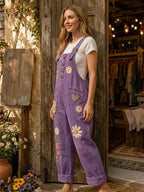 Women's Retro Style Art Print Washed Cotton Denim Patchwork Jumpsuit