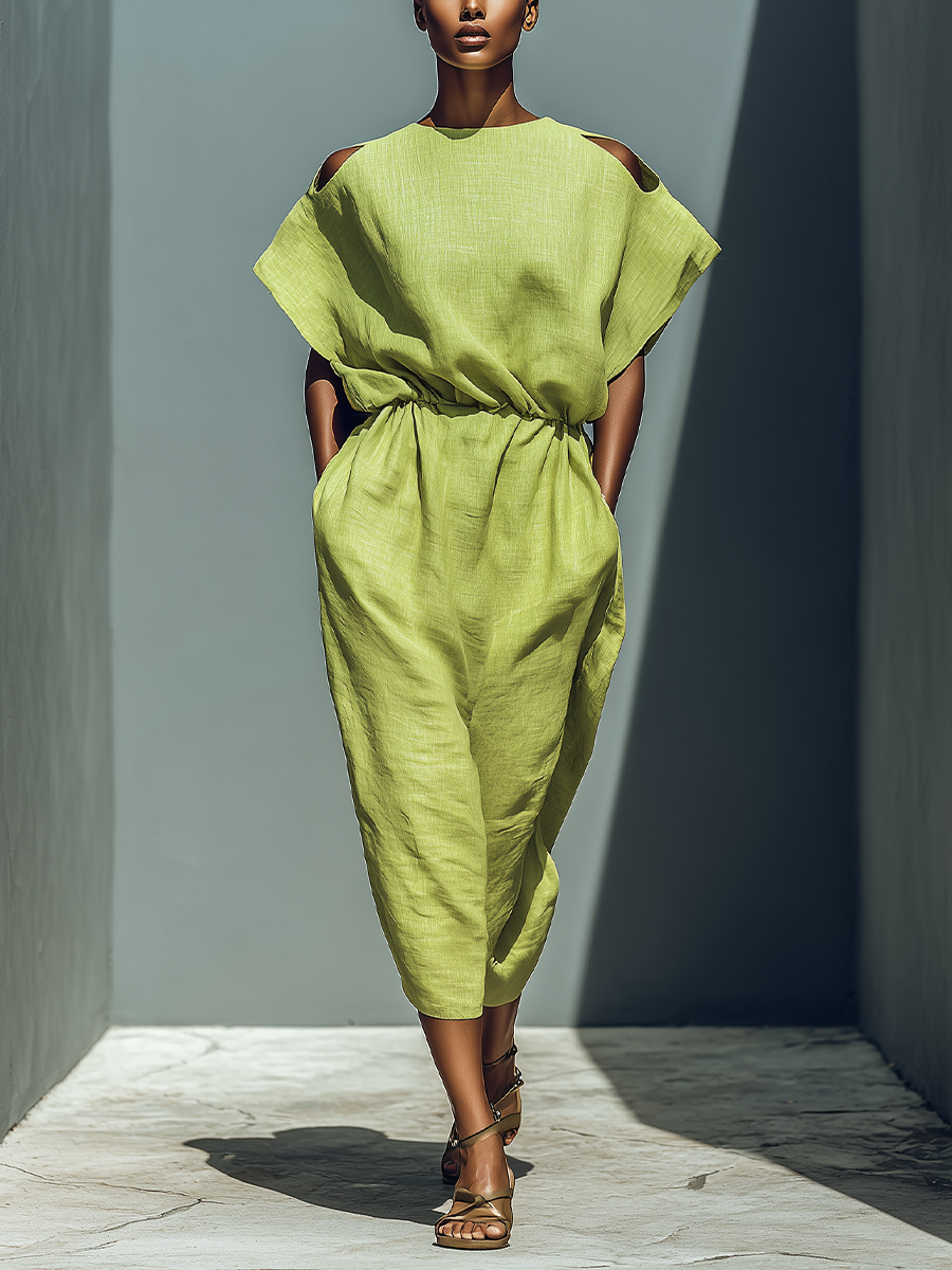 Lime Green Linen-Blend Cold Shoulder Midi Dress