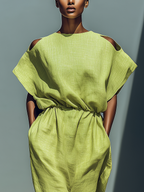 Lime Green Linen-Blend Cold Shoulder Midi Dress