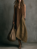 Brown And Khaki Cotton-Linen Patchwork V-Neck Sleeveless Asymmetrical Long Dress