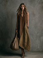 Brown And Khaki Cotton-Linen Patchwork V-Neck Sleeveless Asymmetrical Long Dress