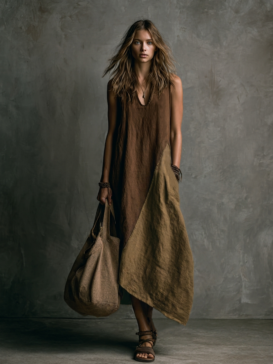 Brown And Khaki Cotton-Linen Patchwork V-Neck Sleeveless Asymmetrical Long Dress