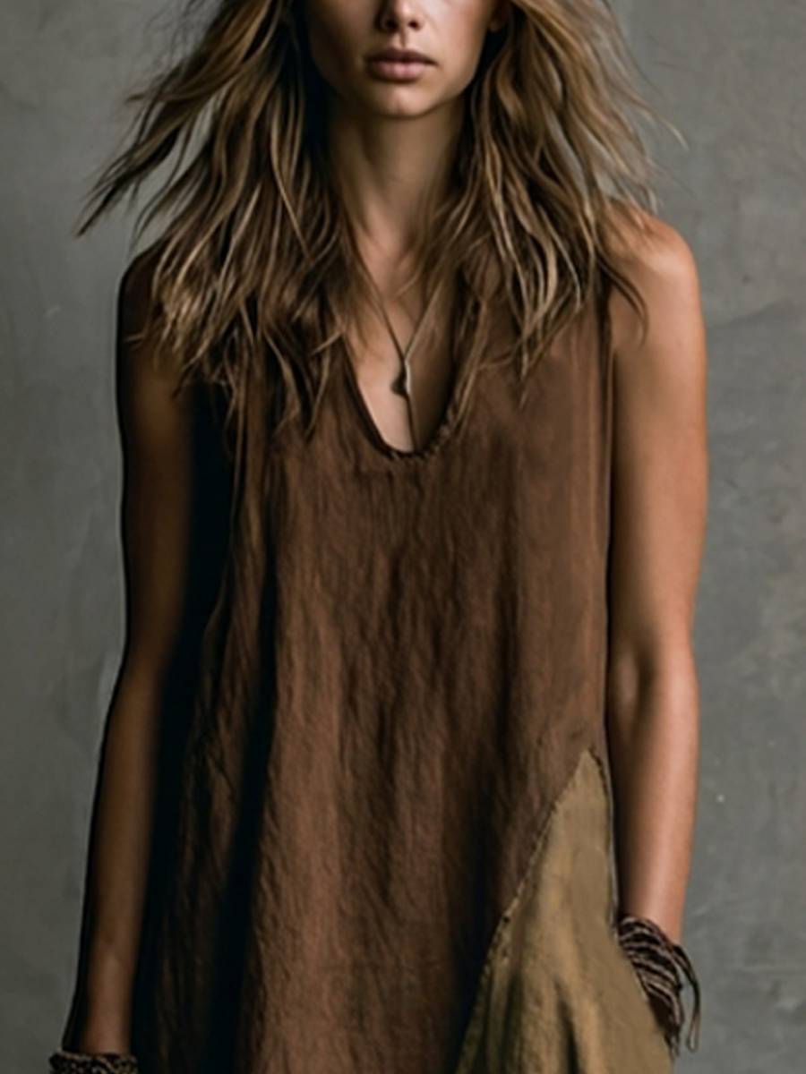 Brown And Khaki Cotton-Linen Patchwork V-Neck Sleeveless Asymmetrical Long Dress