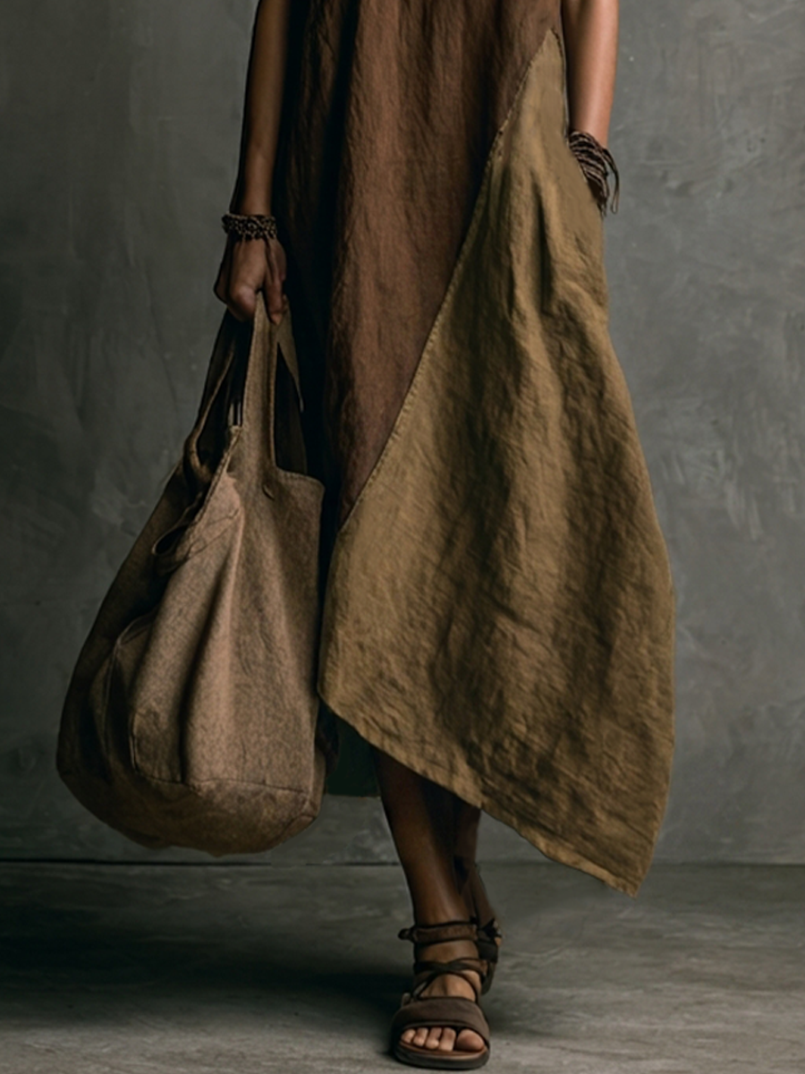 Brown And Khaki Cotton-Linen Patchwork V-Neck Sleeveless Asymmetrical Long Dress