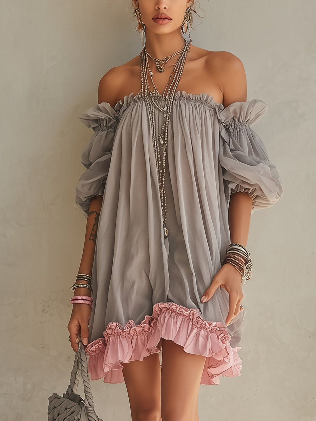 Gray Chiffon Off Shoulder Mini Dress With Pink Hem